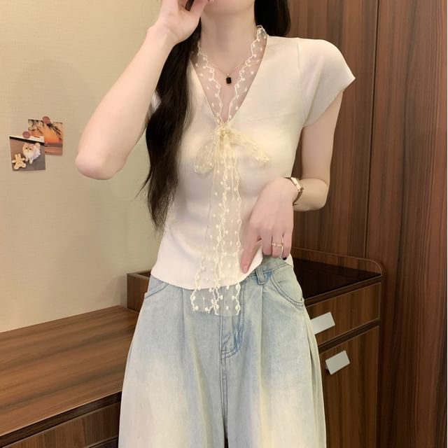 Tie-Front Lace Knit Top with V-Neckline