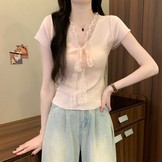 Tie-Front Lace Knit Top with V-Neckline