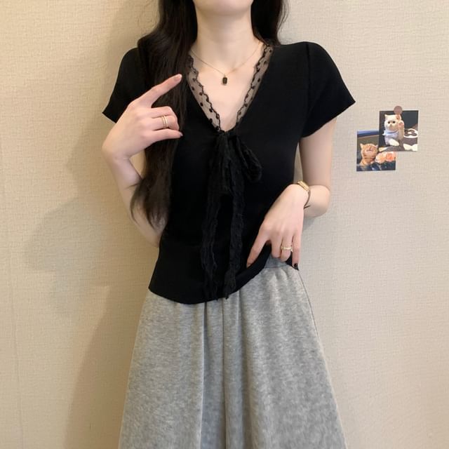 Tie-Front Lace Knit Top with V-Neckline