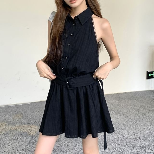 Dress Sleeveless Striped A-Line Mini Collared Belted