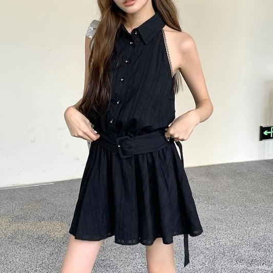 Dress Belted Striped A-Line Mini Collared Sleeveless