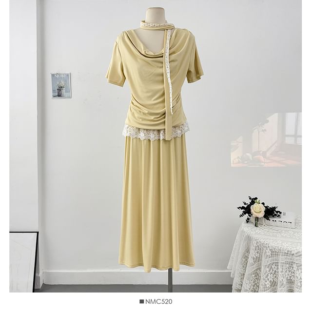 Cowl-Neck Ruched Top with Maxi Skirt Set - LaceLux