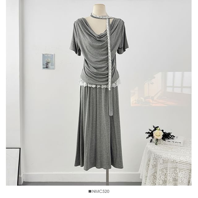 Cowl-Neck Ruched Top with Maxi Skirt Set - LaceLux
