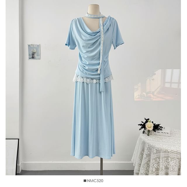 Cowl-Neck Ruched Top with Maxi Skirt Set - LaceLux