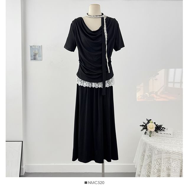 Cowl-Neck Ruched Top with Maxi Skirt Set - LaceLux