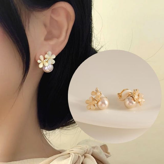 Ear / Eye Faux Earring Cuff Designs) Cat Stone Alloy (Various Floral Pearl Stud
