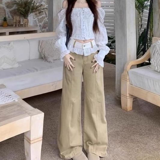 Off-Shoulder Lace Crop Blouse with Baggy Pants