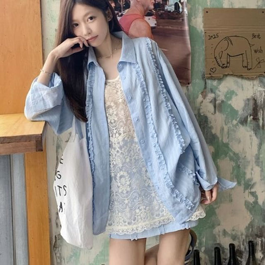 Frill Collared Shirt with Shorts and Tank