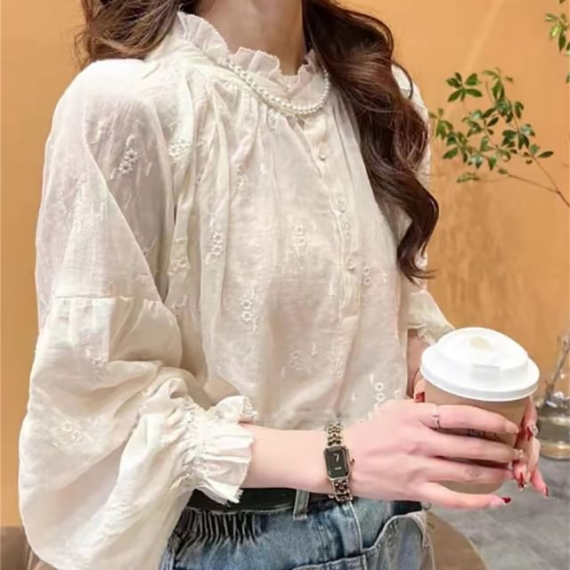 Ruffled Puff-Sleeve Blouse with Knit Vest - LaceLux