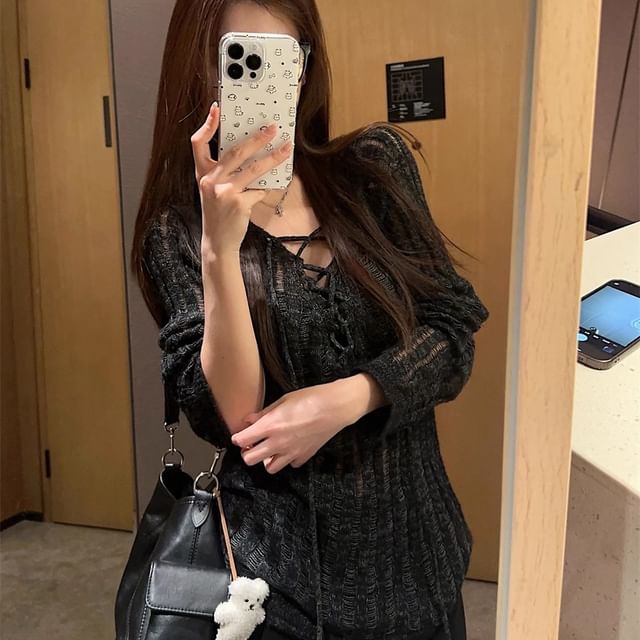 Distressed Lace-Up Knit Top - LaceLux
