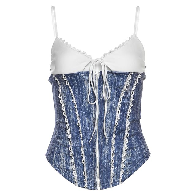 Denim-Paneled Cami with Lace Trim and Tie