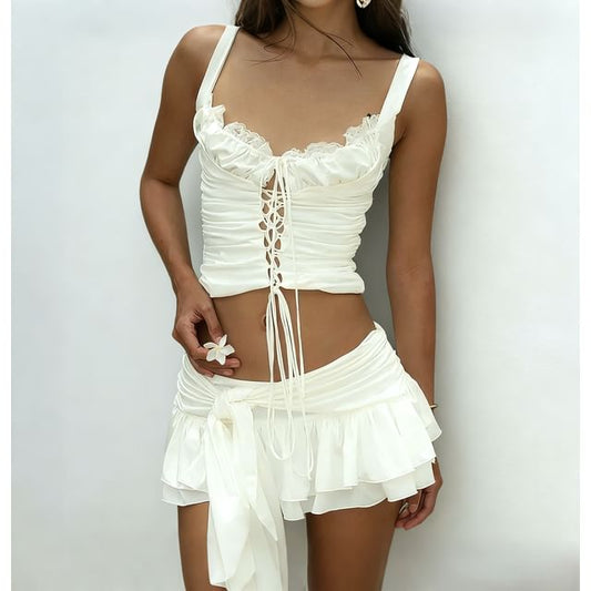 Tie-Up Crop Tank with Lace and Mini Skirt