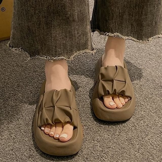 Slide Faux Platform Leather Ruched Sandals Plain