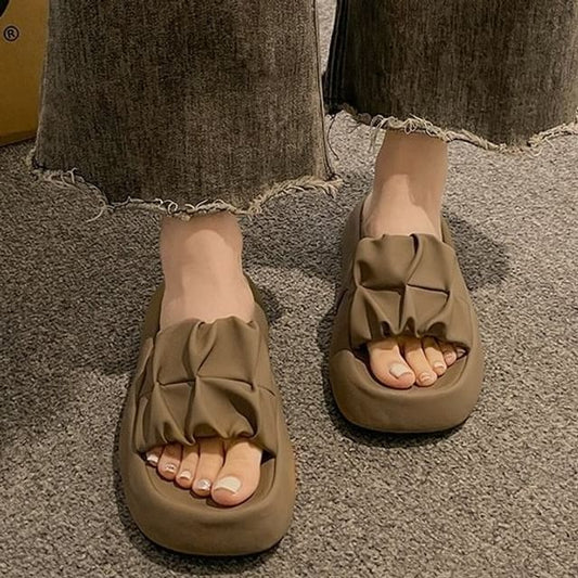 Slide Faux Platform Leather Ruched Sandals Plain