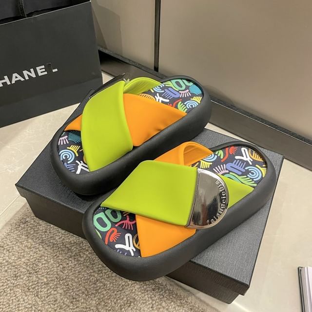 Cross Leather Two Platform Sandals Tone Strap Faux