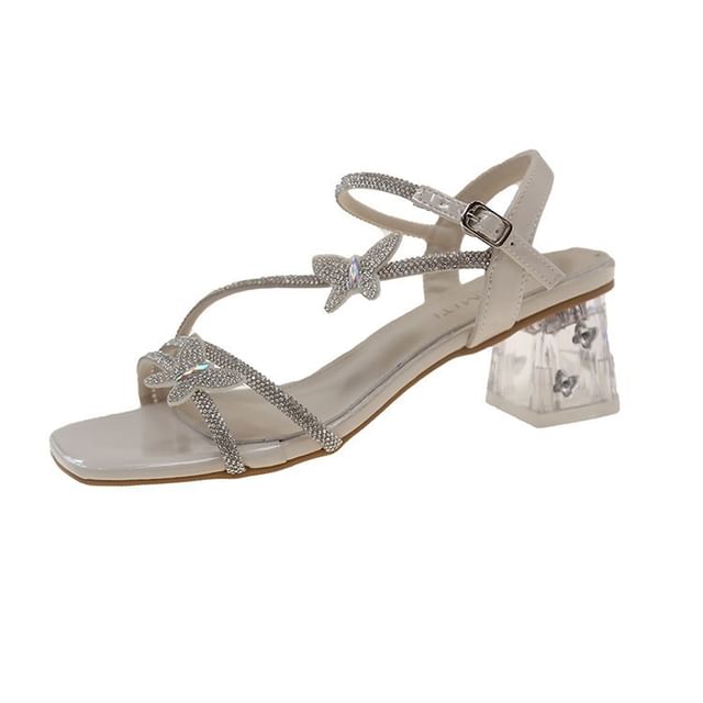 Toe Butterfly Strap Heel Sandals Rhinestone Ankle Chunky Square
