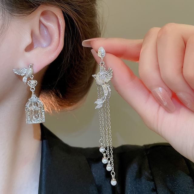 Cage Pearl Dangle Bird Faux Earring Alloy Asymmetrical