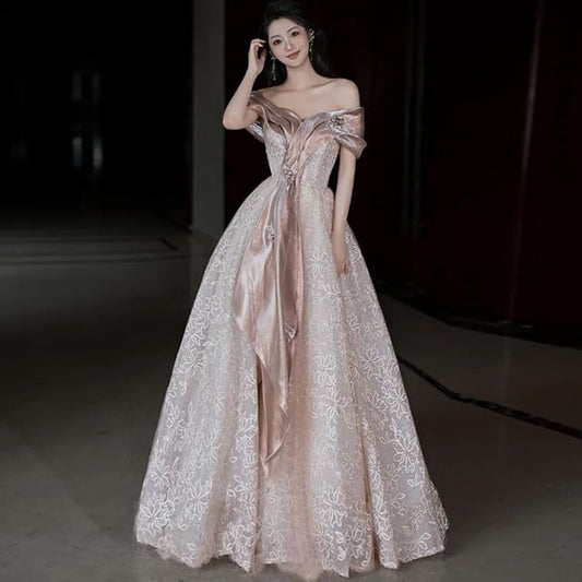 Lace Off-Shoulder Gown Evening Floral Short-Sleeve Accent A-Line