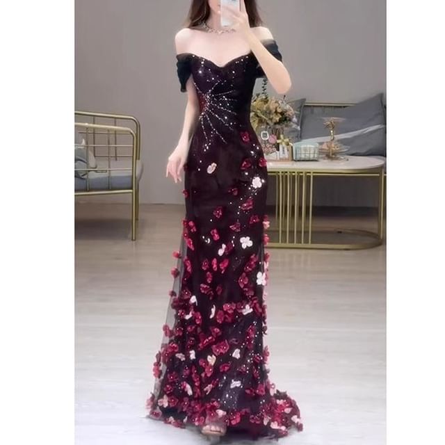Accent Evening Floral Sequin Gown Mermaid Short-Sleeve Off-Shoulder