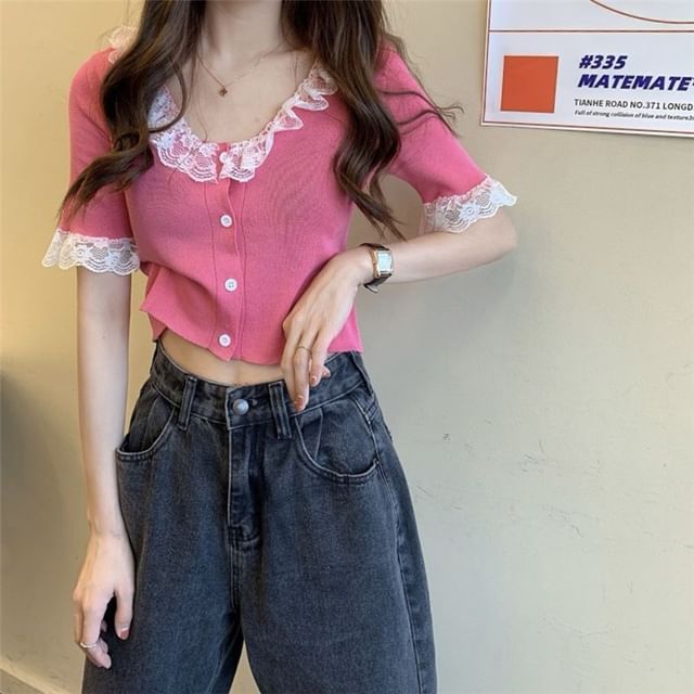 Button Knit Top with Lace Trim and V-Neck