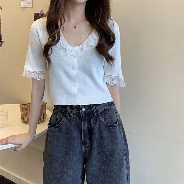 Button Knit Top with Lace Trim and V-Neck