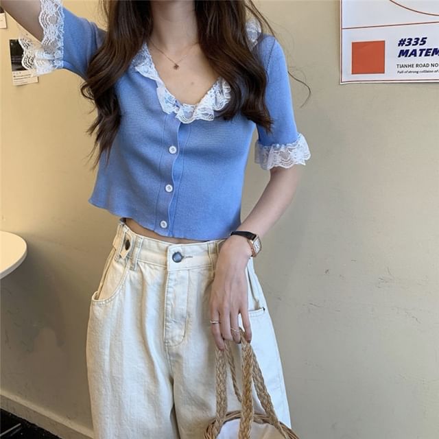 Button Knit Top with Lace Trim and V-Neck