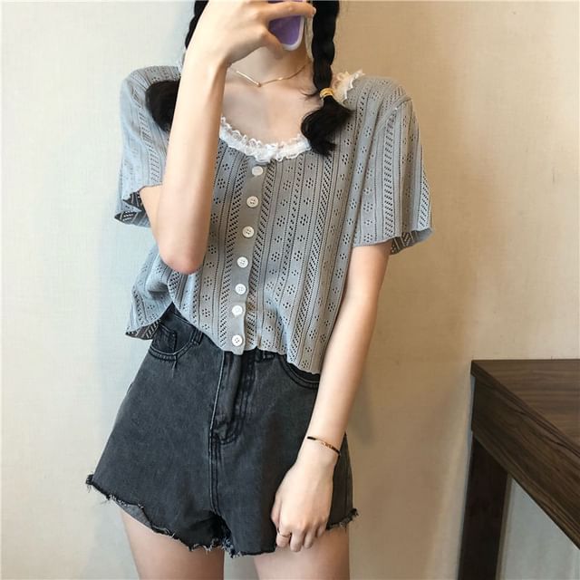 Pointelle Crop Knit Top with Lace Trim
