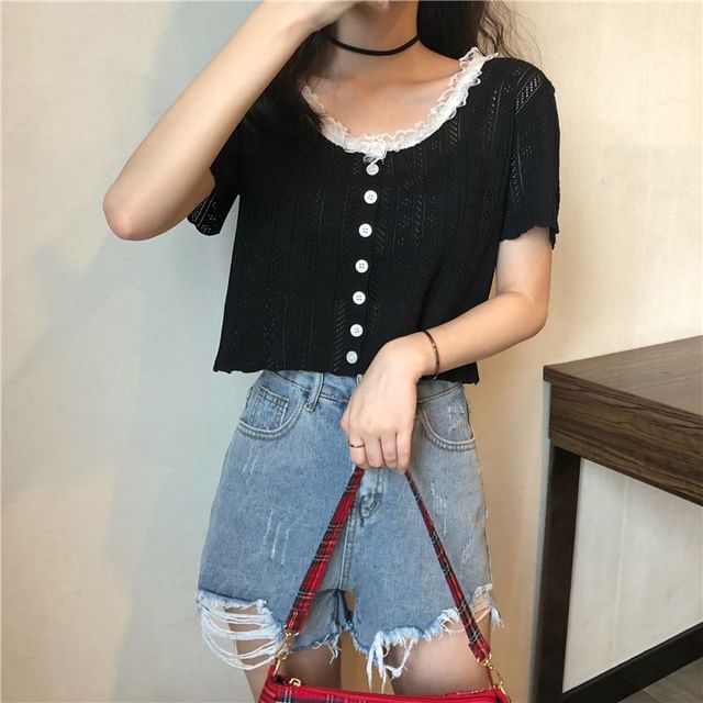 Pointelle Crop Knit Top with Lace Trim