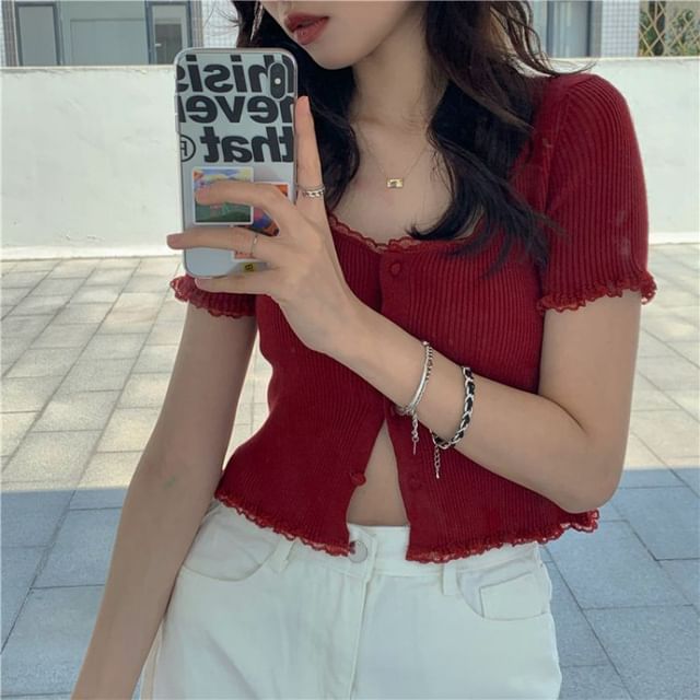 Scoop Neck Ribbed Lace Trim Knit Crop Tee - Sleeved