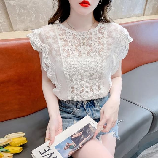 Crewneck Lace Tee - Cap Sleeved