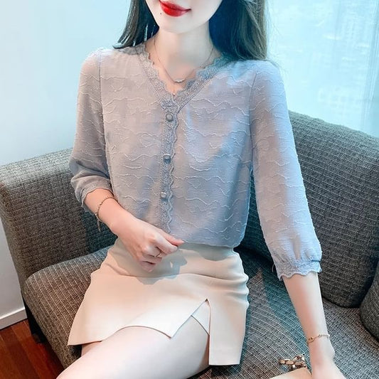 V-Neck Lace Trim Plain Top - Three-Quarter Sleeve