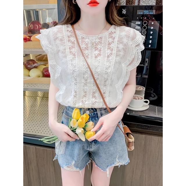 Crewneck Lace Tee - Cap Sleeved