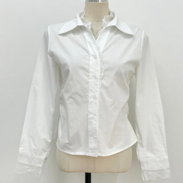 Collared Mock Two Piece Panel Lace Shirt - Long Sleeved