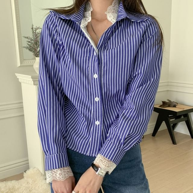 Collared Mock Two Piece Panel Lace Shirt - Long Sleeved