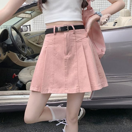 High Skirt Rise Denim Mini A-Line Pleated
