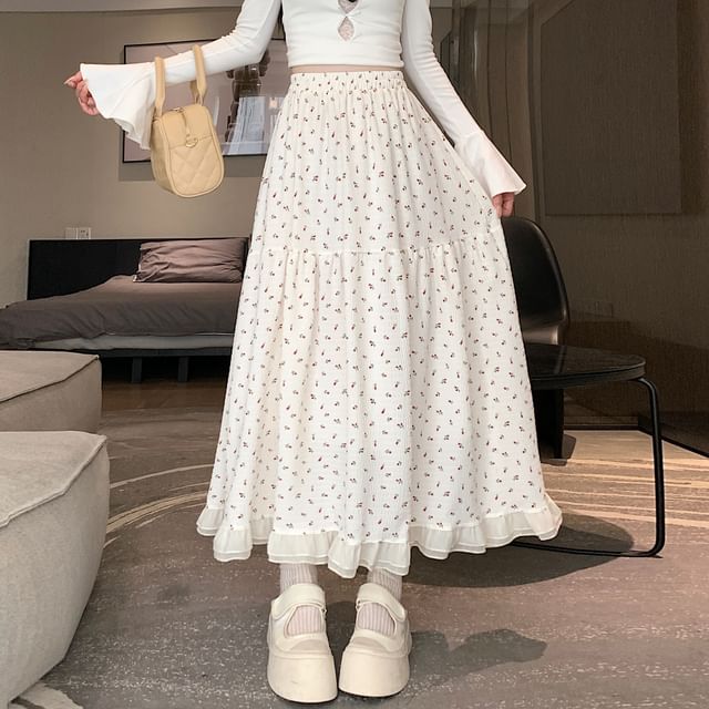 Midi Elastic A-Line Waist Skirt Floral