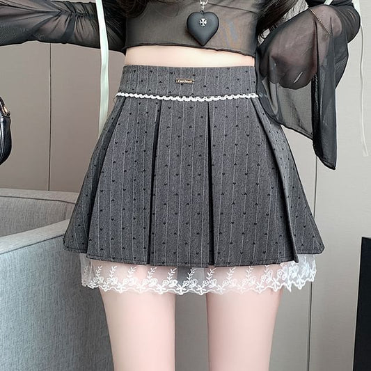 High Mini Print Lace Panel Waist A-Line Heart Skirt Bow