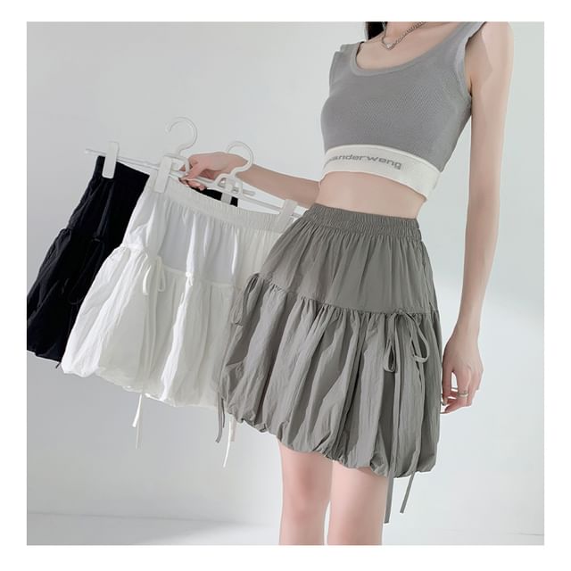 A-Line Mini Bow Elastic Plain Bubble Hem Skirt Waist