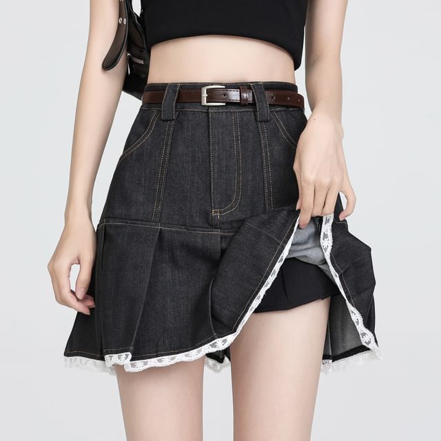Trim Skort Denim High Waist Lace Pleated