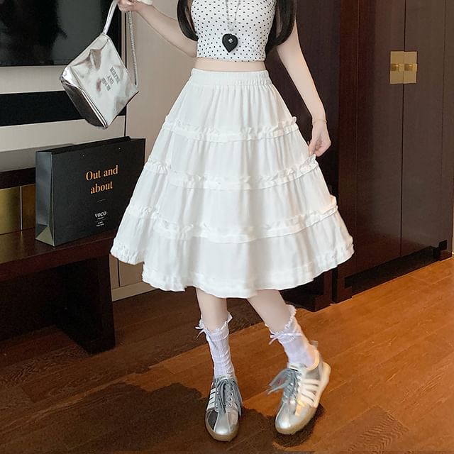 Skirt Ruffle Plain Elastic Tiered A-Line Trim Waist