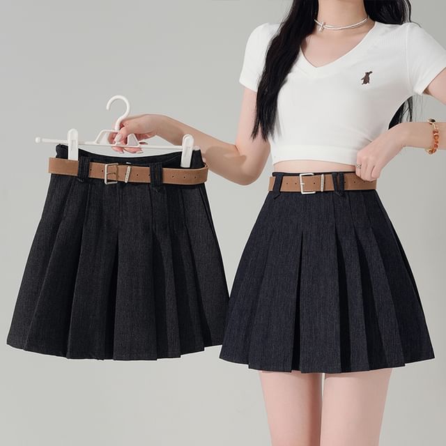 Waist High Skirt Denim A-Line Pleated Mini