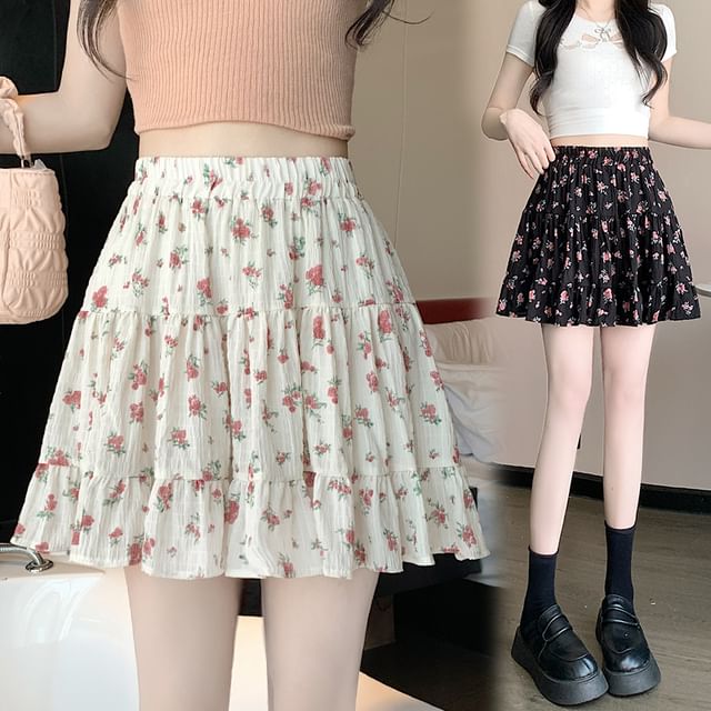 Floral Skirt A-Line Waist Tiered Elastic Mini
