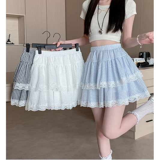 Skirt Lace Mini A-Line Waist Tiered Elastic Plaid Trim