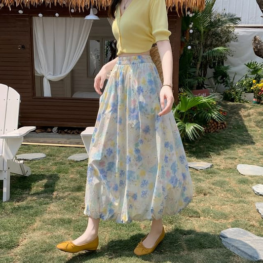 Midi Floral Waist Skirt Elastic A-Line