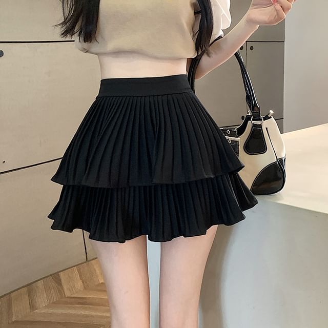 A-Line Waist Plain Skirt High Tiered Accordion Pleated Mini