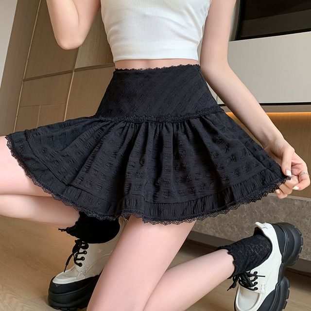 Lace Skirt High A-Line Trim Plain Waist Mini