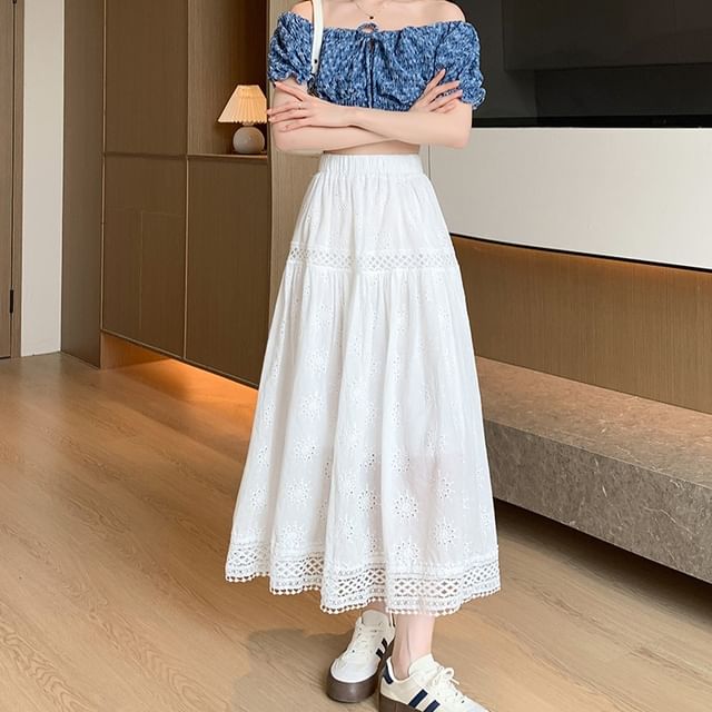 Waist Plain Midi Designs) A-Line Embroidered Elastic Skirt (Various