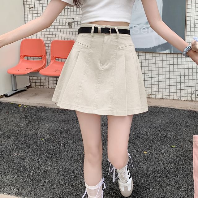 High Skirt Rise Denim Mini A-Line Pleated