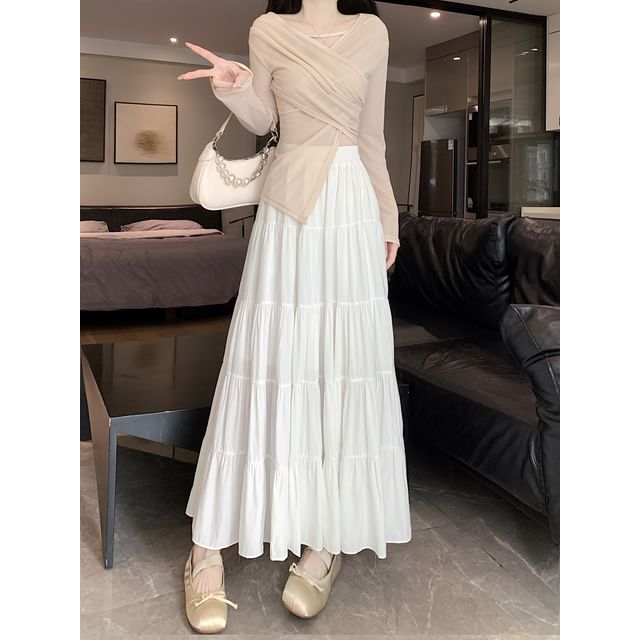 Tiered Skirt Elastic Waist A-Line Midi Plain