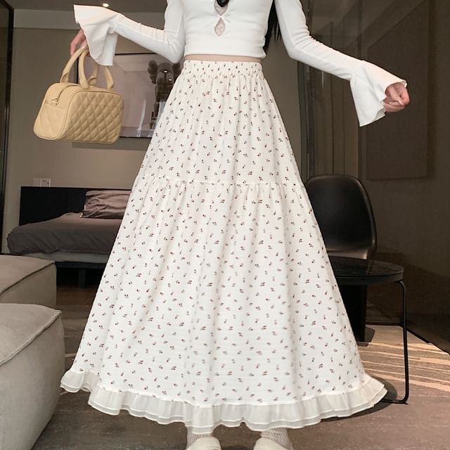 Midi Elastic A-Line Waist Skirt Floral